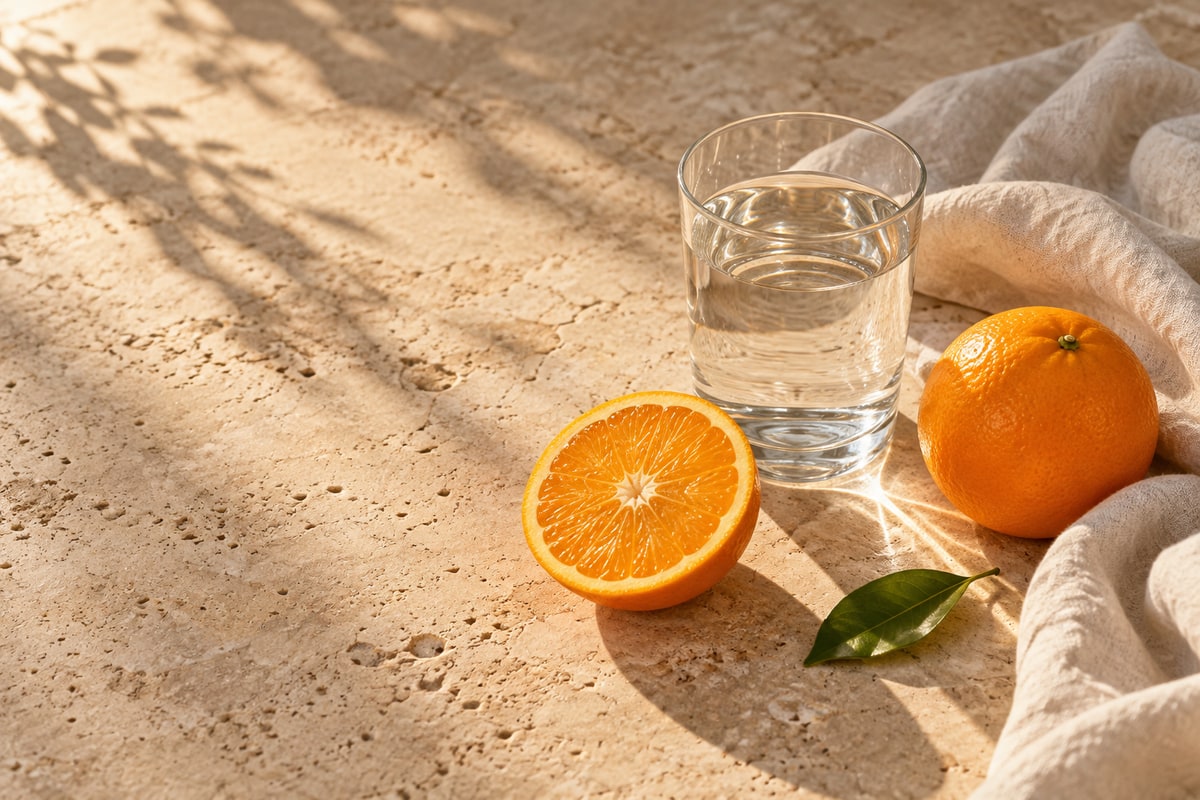 Citrus, linen, and water arranged for an everyday wellness ritual
